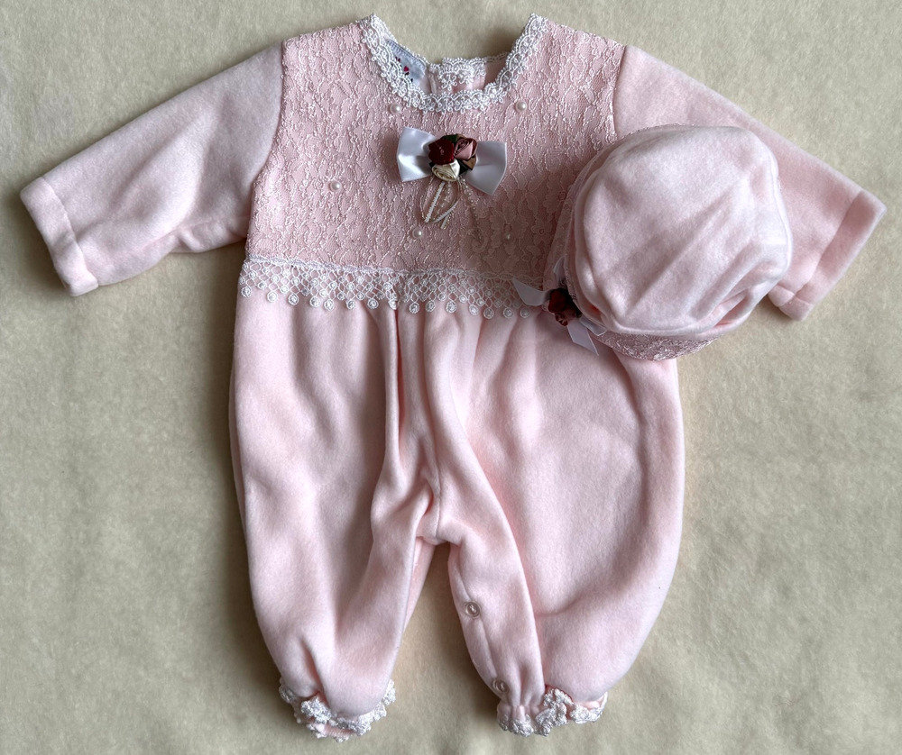 Vintage 90s It's Baby 2-Piece Romper Set Girls 18 Months Pink Lace Rosette Cap